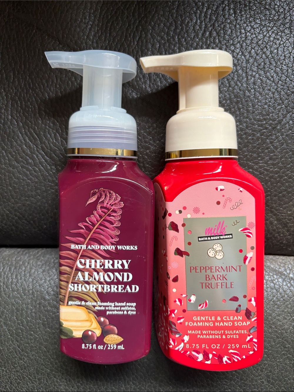 Bath and body soap set in cherry almond shortbread and peppermint bark truffle